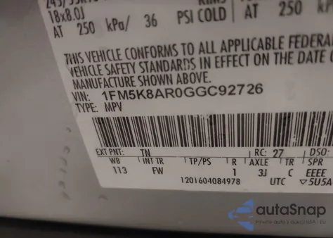 2016 Ford Police Interceptor из США, поврежденный, VIN 1FM5K8AR0GGC92726